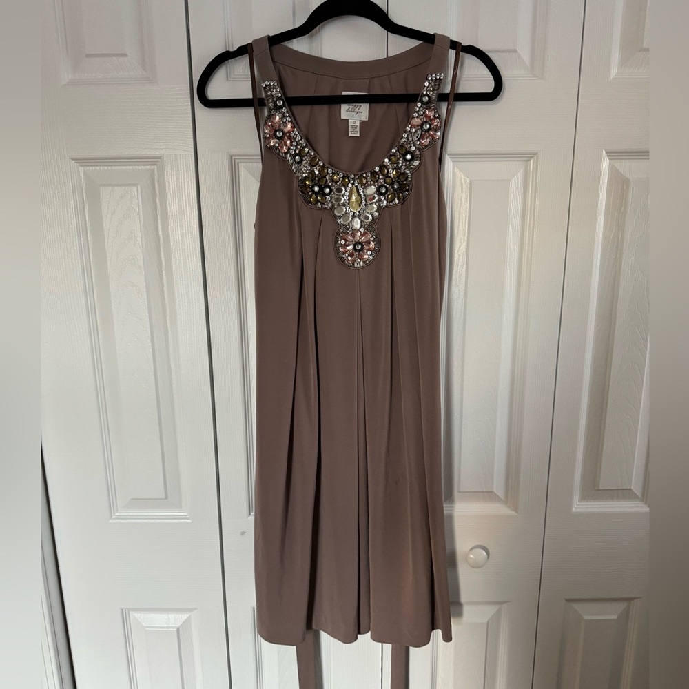 Suzi Chin - Size 12 Taupe/Mauve Jeweled mini swing dress with tie waist - Picture 4 of 5
